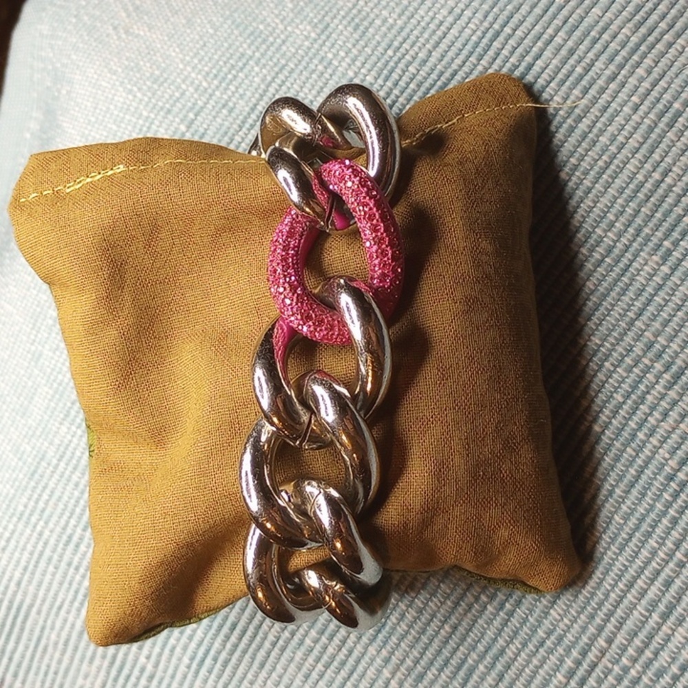 Juicy Couture Chunky Silvertone 25mm and Pink Rhinestone Chain Link Bracelet